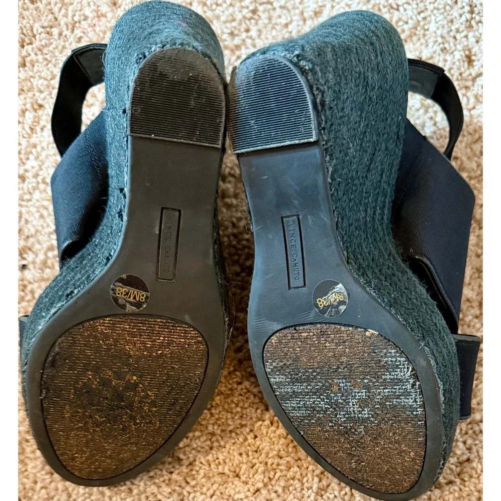 Vince Camuto Black Calf Hair Cork Platform Wedge Sandals Buckle Strap Size 8M 38
